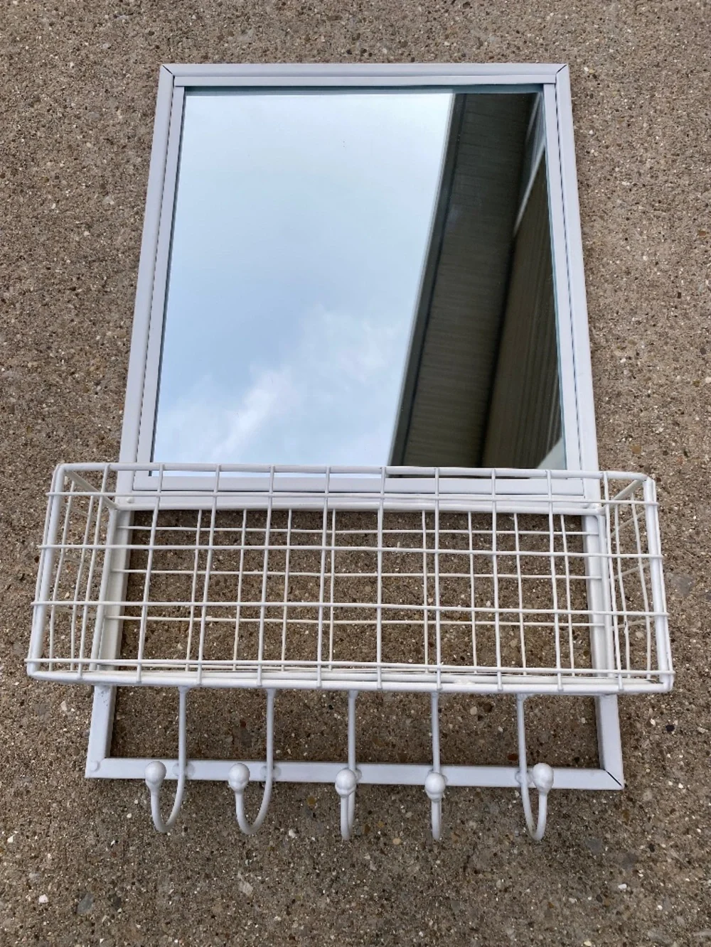 Vintage White Wall Organizer Mirror Wire Basket Shelf 5 Hooks Farmhouse